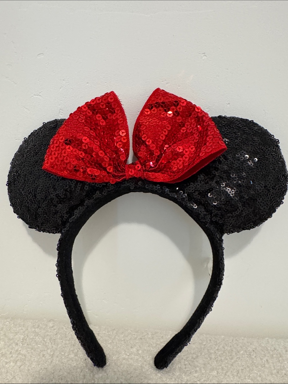 Disney Parks Sequin Minnie Ear Headband with Red Bow - velvet headband